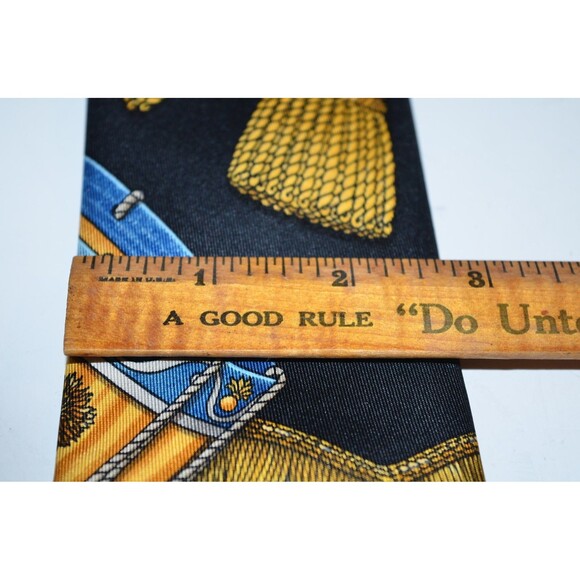 Vtg Hermes Les Tambours Black Gold drums tassels Tie 100% Silk Made in France - Picture 8 of 10